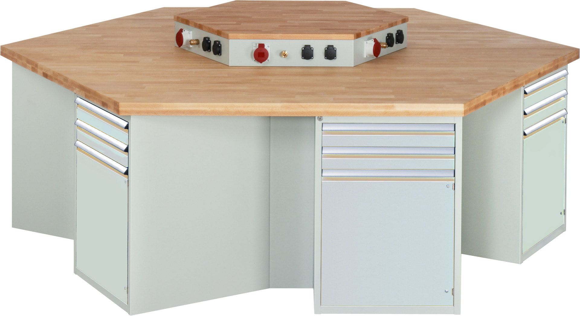 Gruppenwerkbank, Buche, Höhe 840 mm, mit Energieaufsatz, Unterbau-Container, 2 Schubladen, 1 Tür, 1 Boden - Anthrazitgrau