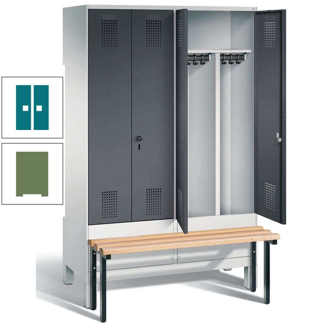 Doppel-Spind, Garderobenschrank, Buche Sitzbank vorgebaut, 4 Abteile a 300 mm, Korpus feuerrot, Tür Wasserblau, 1.850 x 1.200 x 815 mm (HxBxT)