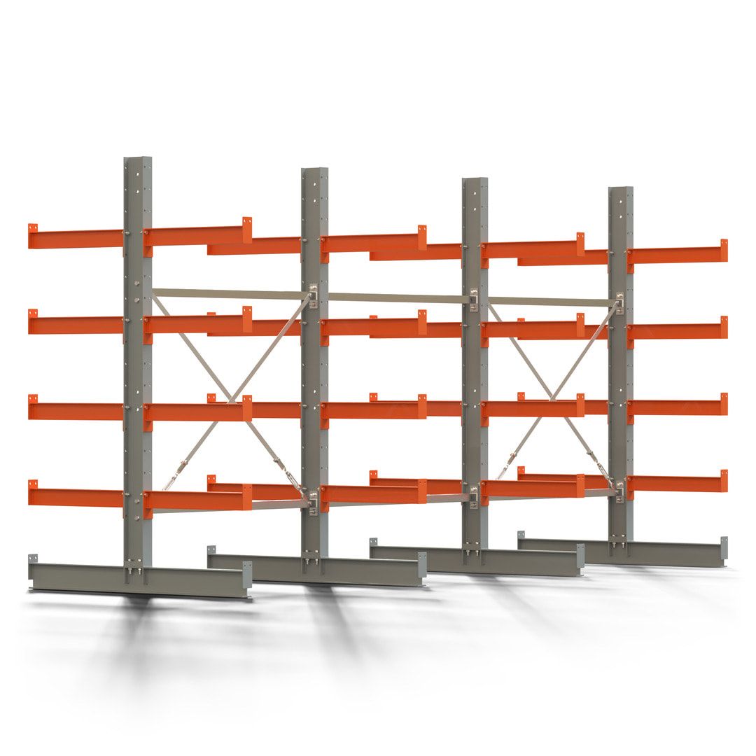 Doppelseitiges Kragarmregal, 2 Felder, 2.000 x 2.560 x 1.120 mm (HxBxT), Nutztiefe 500 mm, Kragarmlast 870 kg, KARL basic, silbergrau/reinorange