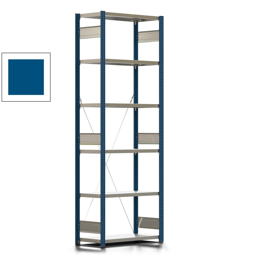 Fachbodenregal mit Tiefenriegel - 350 kg - 2.500 x 875 x 426 mm (HxBxT) - Anbauregal - 6 Böden - enzianblau - Lagerregal - Steckregal BERT