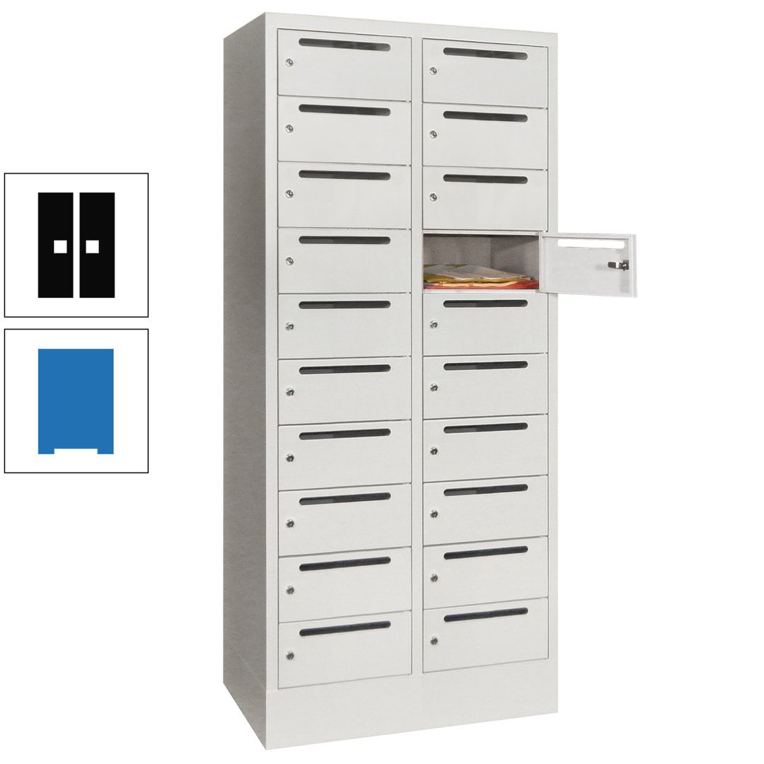 Postverteilerschrank, Schließfachschrank, 2 Abteile a 400 mm, 20 Fächer, 1.850 x 800 x 500 mm (HxBxT), Korpus anthrazitgrau, Front anthrazitgrau