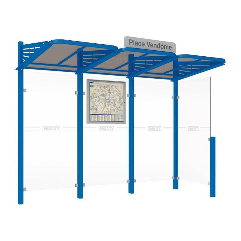 Buswartehalle - Unterstand - modular - Fahrplankasten - Haltestellenschild - Seitenwand rechts - 2.200 x 3.000 x 1.500 mm (HxBxT) - enzianblau
