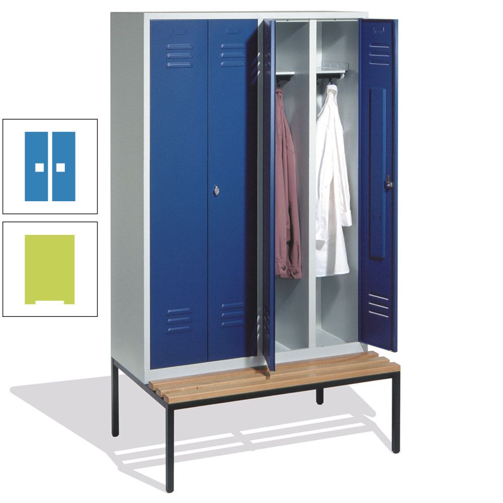 Doppel-Spindschrank, Buche Sitzbank untergebaut, 4 Abteile a 300 mm, Korpus lichtgrau, Tür anthrazitgrau, 2.090 x 1.190 x 815 mm (HxBxT)