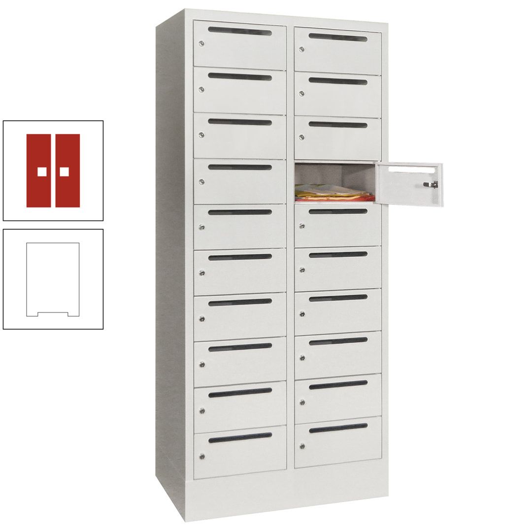 Postverteilerschrank, Schließfachschrank, 2 Abteile a 400 mm, 20 Fächer, 1.850 x 800 x 500 mm (HxBxT), Korpus anthrazitgrau, Front anthrazitgrau