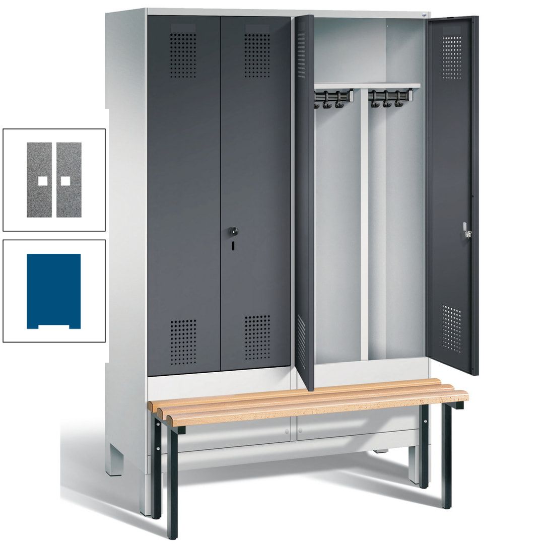 Doppel-Spind, Garderobenschrank, Buche Sitzbank vorgebaut, 4 Abteile a 300 mm, Korpus feuerrot, Tür Wasserblau, 1.850 x 1.200 x 815 mm (HxBxT)