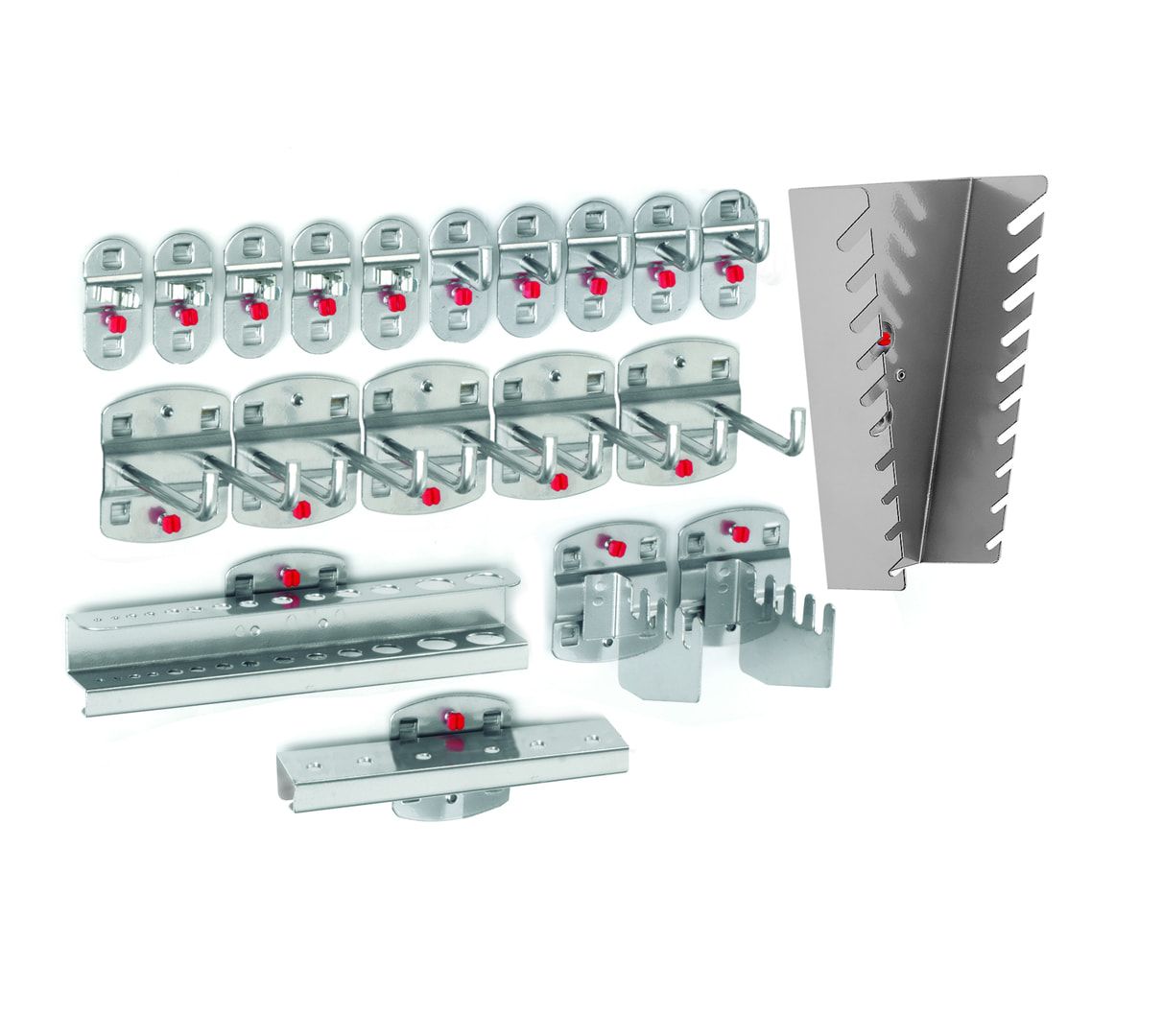 Werkzeughalterset, Hakenset, 20-teilig, für Lochplatten, Schraubsystem, Farbe Aluminium