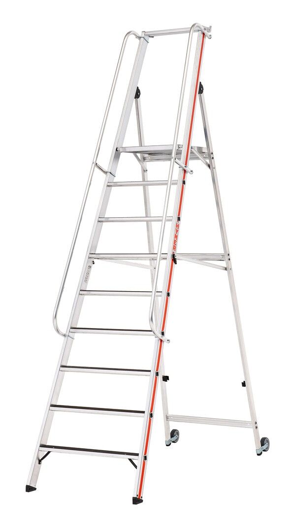 Plattformleiter mit langem Handlauf, zwei Kipprollen, Rutschhemmung R13, Ablage und Eimerhaken, Leiterlänge 1.950 mm, 4 Stufen, Traglast 150 kg, Hymer