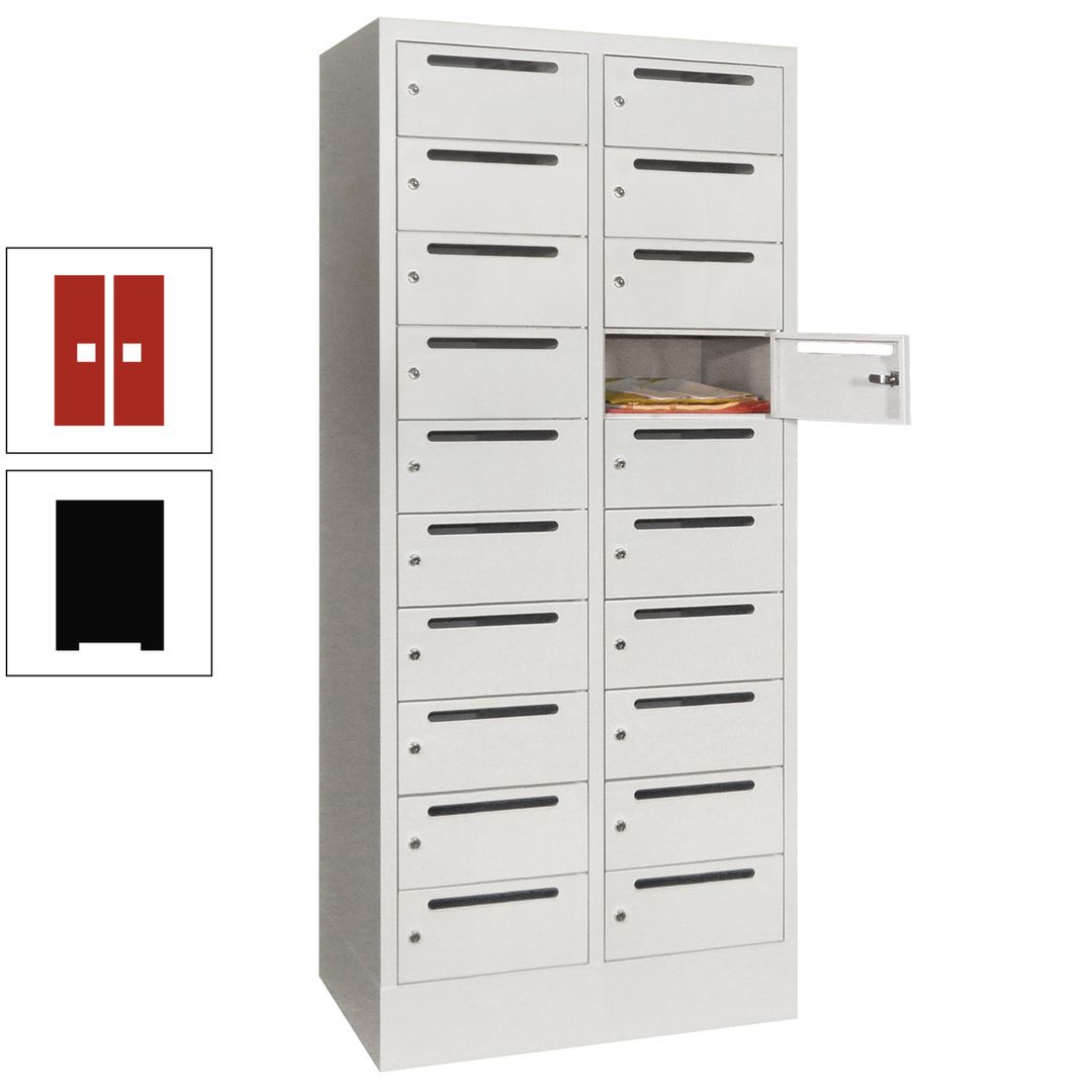 Postverteilerschrank, Schließfachschrank, 2 Abteile a 400 mm, 20 Fächer, 1.850 x 800 x 500 mm (HxBxT), Korpus anthrazitgrau, Front anthrazitgrau