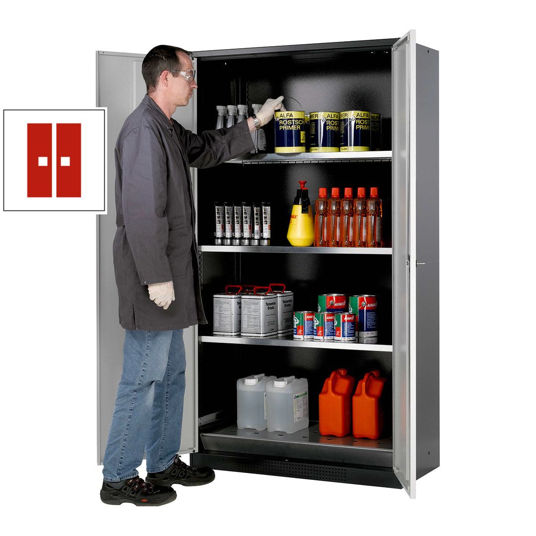 Chemikalienschrank - Falttüren, enzianblau - 3 Fachböden - 1.950 x 1.055 x 520 mm (HxBxT) - Stahl, pulverbeschichtet