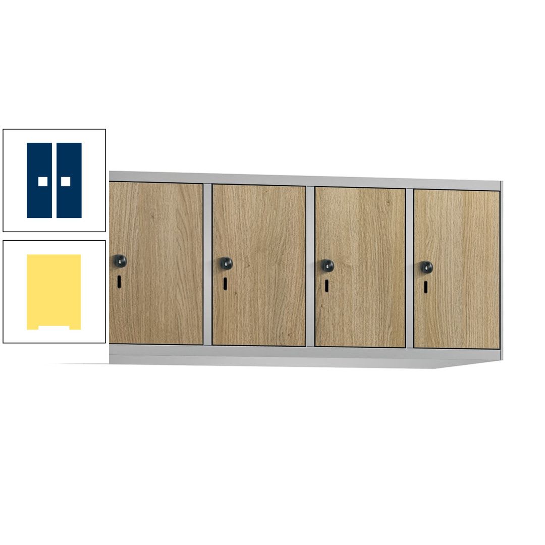 Aufsatzschrank, Schrankaufsatz, 4 Fächer a 300 mm, Farbe Pastellgelb, Tür anthrazitgrau, 500 x 1.200 x 500 mm (HxBxT)