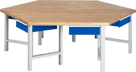 Gruppenarbeitsplätze, Gruppenwerkbank, Buche, Höhe 790 - 1.140 mm, ohne Energieaufsatz, Werkbankfüßen, 6 Schubladen - Farbe wählbar