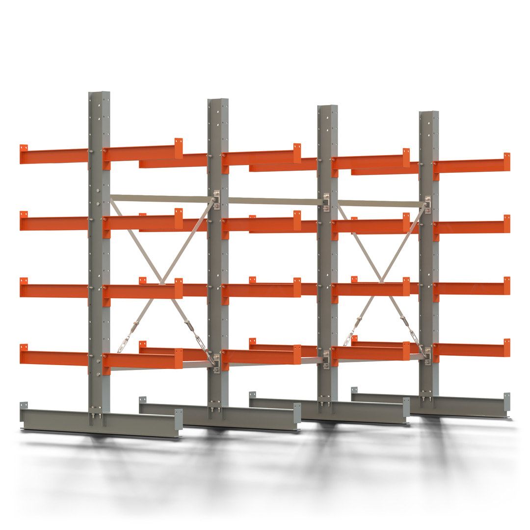 Doppelseitiges Kragarmregal, 2 Felder, 2.000 x 2.000 x 1.120 mm (HxBxT), Nutztiefe 500 mm, Kragarmlast 870 kg, KARL basic, silbergrau/reinorange