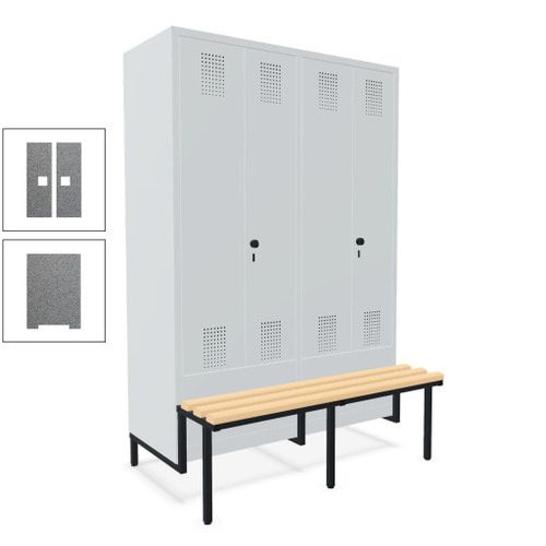 Doppel-Spind, Garderobenschrank, Buche Sitzbank integriert, 4 Abteile 300 mm, Korpus anthrazitgrau, Tür anthrazitgrau, 1.850 x 1.200 x 815 mm (HxBxT)