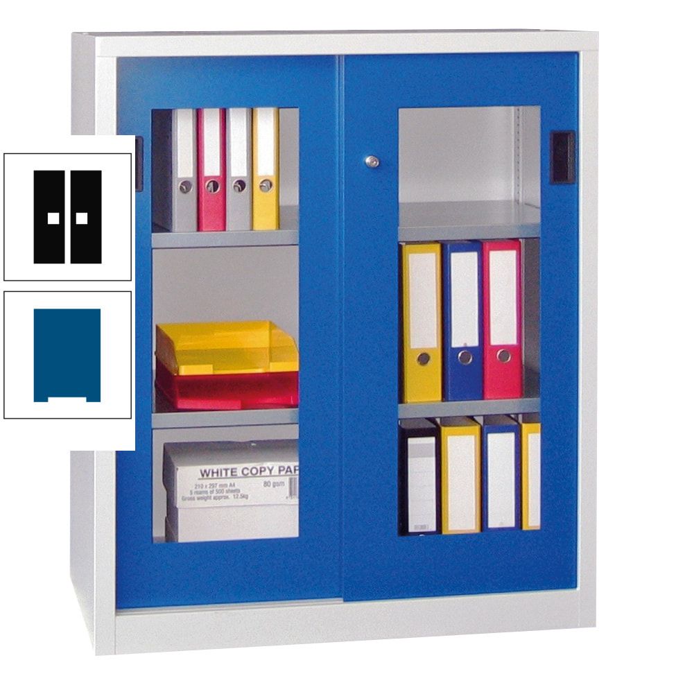Schiebetürenschrank - Sichtfenstertüren - 1.000x1.000x400 mm (HxBxT) - 2 Böden, gepulvert - Zylinderschloss - anthrazitgrau