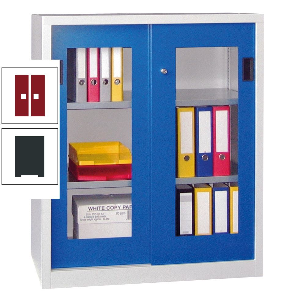 Schiebetürenschrank - Sichtfenstertüren - 1.000x1.000x400 mm (HxBxT) - 2 Böden, gepulvert - Zylinderschloss - anthrazitgrau