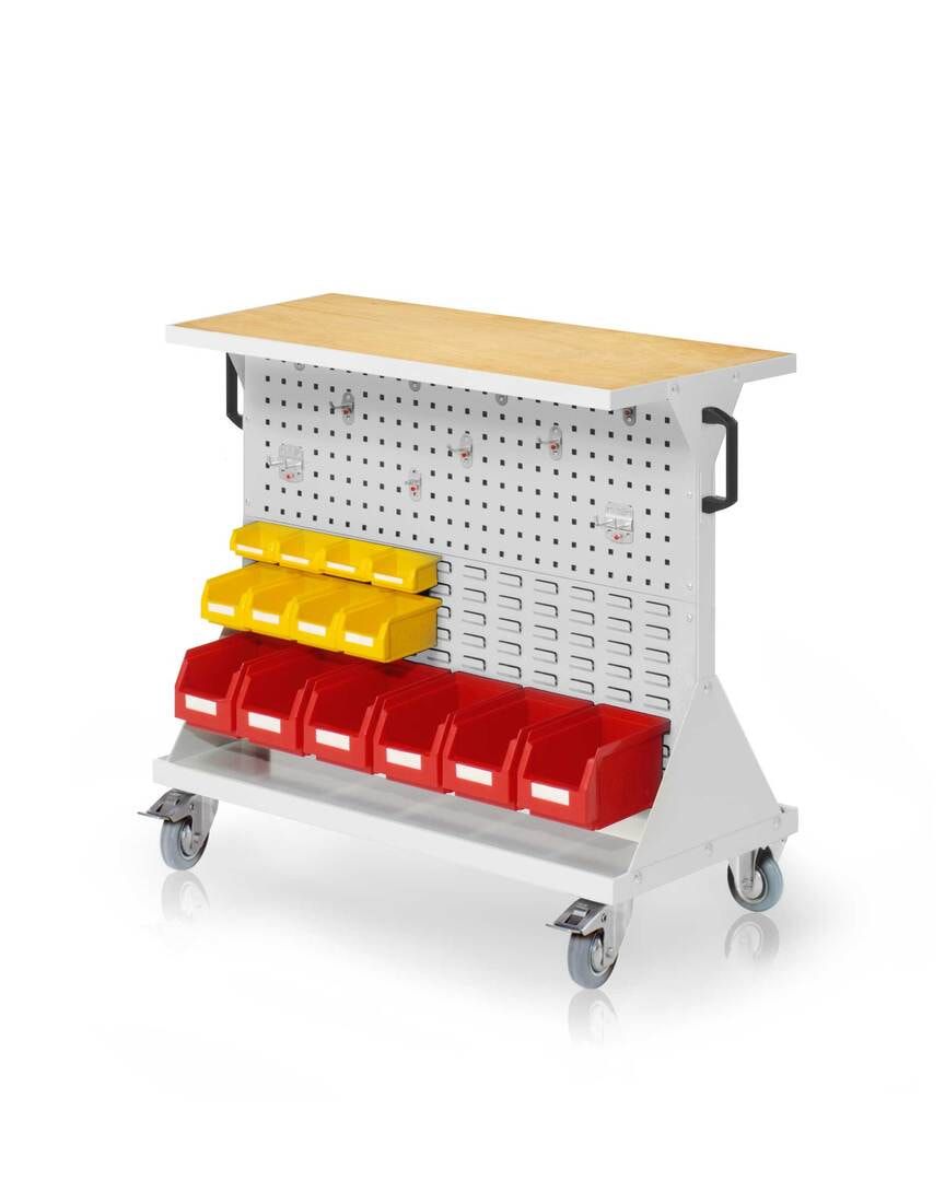 Mobiler Rollwagen, 2 Loch- und 2 Schlitzplatten, 10 Halter und 14 Sichtlagerkästen, Multiplex-Boden, 930 x 1.000 x 500 mm (HxBxT), Anthrazitgrau