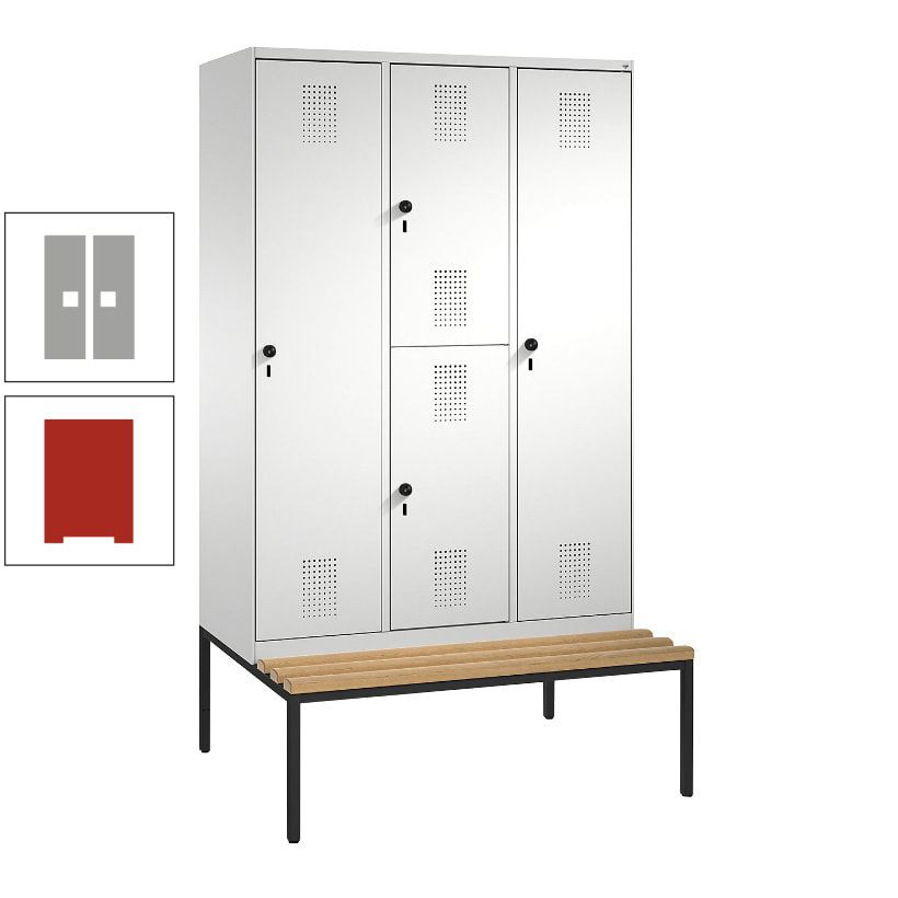 Garderobenschrank, Spind ein- und doppelstöckig Sitzbank, 3 Abteile, 4 Fächer, 2.090x1.200x500 mm (HxBxT), Front anthrazitgrau, Korpus anthrazitgrau