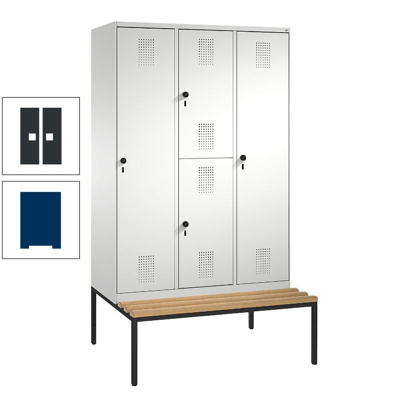 Garderobenschrank, Spind ein- und doppelstöckig Sitzbank, 3 Abteile, 4 Fächer, 2.090x1.200x500 mm (HxBxT), Front anthrazitgrau, Korpus anthrazitgrau