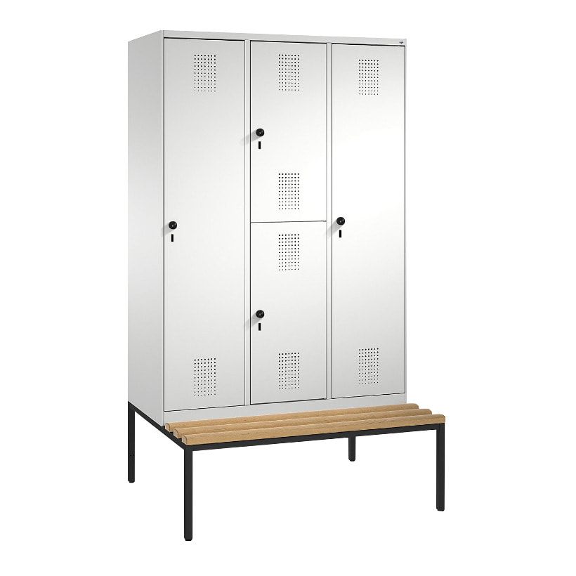 Garderobenschrank, Spind ein- und doppelstöckig Sitzbank, 3 Abteile, 4 Fächer, 2.090x1.200x500 mm (HxBxT), Front anthrazitgrau, Korpus anthrazitgrau