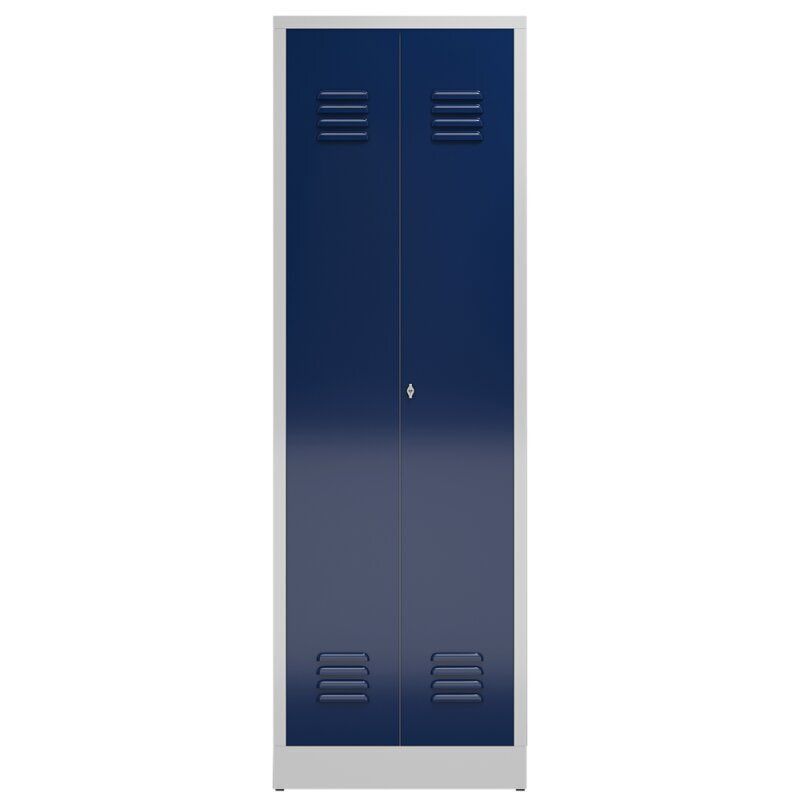 Geräteschrank, Mehrzweckschrank, 2 Abteile, 1.800 x 590 x 500 mm (HxBxT), Drehriegel, Kleiderstange, Stahl, Korpus: lichtgrau, Front: enzianblau