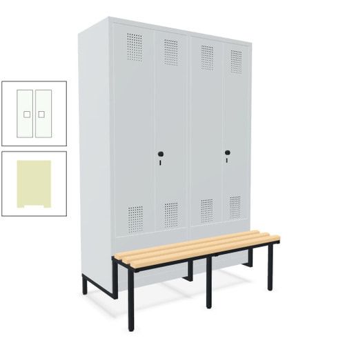 Doppel-Spind, Garderobenschrank, Buche Sitzbank integriert, 4 Abteile 300 mm, Korpus anthrazitgrau, Tür anthrazitgrau, 1.850 x 1.200 x 815 mm (HxBxT)