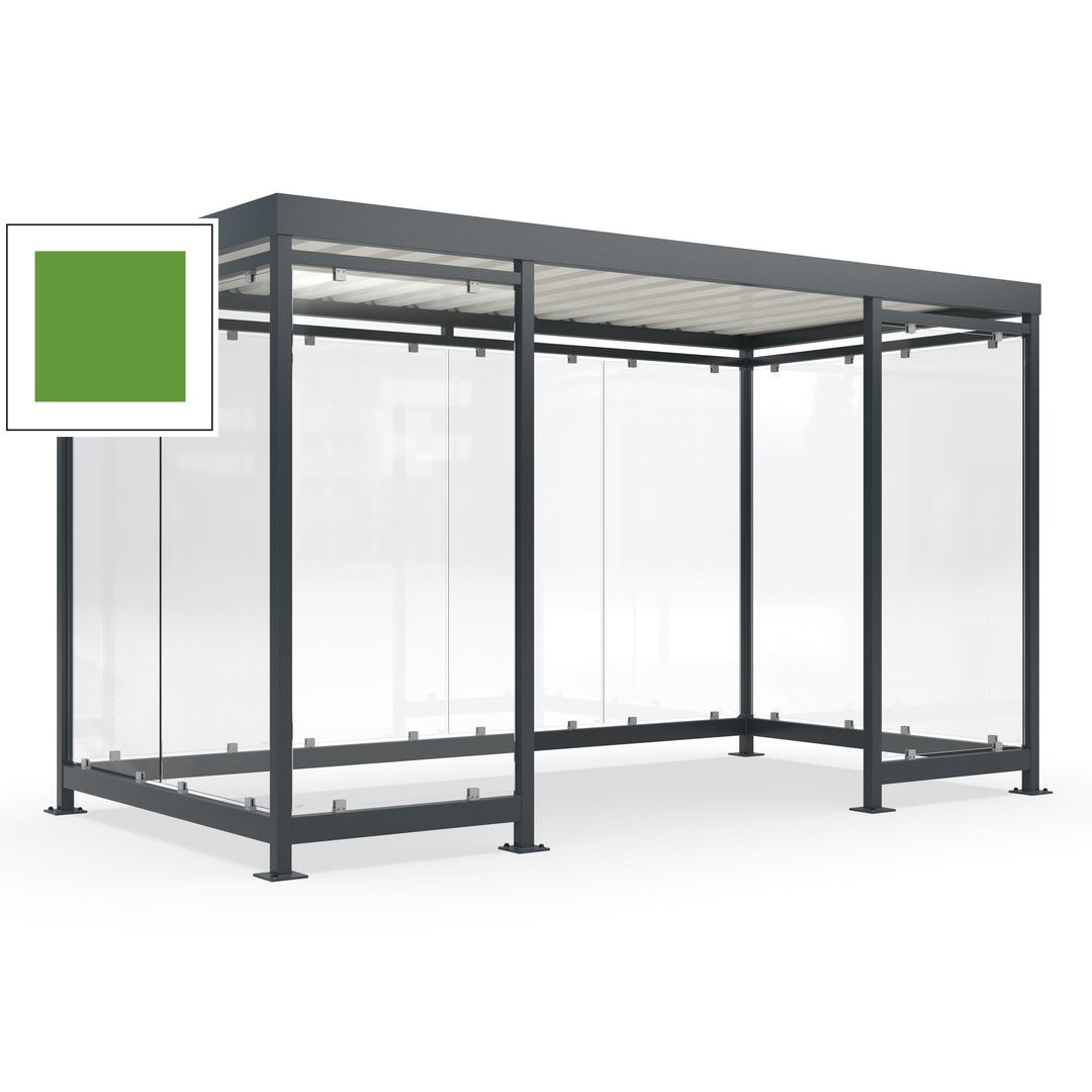Fahrgastunterstand, Raucherunterstand, fertig montiert, Aufdübeln, 12-13 Personen, 2.510 x 4.195 x 2.165 mm (HxBxT), 10 Wände, Achatgrau