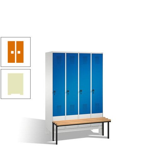 Stahl-Garderobenschrank, Spind, Buche Sitzbank vorgebaut, 4 Abteile a 300 mm, Korpus Lichtgrün, Tür Schwefelgelb, 1.850 x 1.200 x 815 mm (HxBxT)