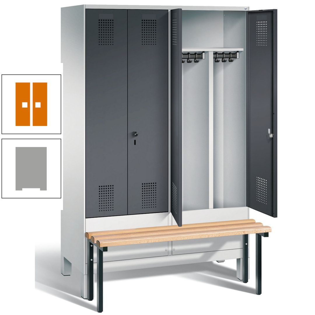 Doppel-Spind, Garderobenschrank, Buche Sitzbank vorgebaut, 4 Abteile a 300 mm, Korpus feuerrot, Tür Wasserblau, 1.850 x 1.200 x 815 mm (HxBxT)