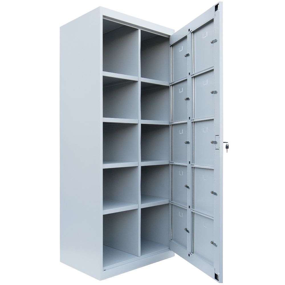 Verteilerschrank, Ausgabeschrank, Fächerschrank, Zentraltür, 2 Abteile, 10 Fächer, 1.800 x 740 x 500 mm (HxBxT), Korpus lichtgrau, Front enzianblau
