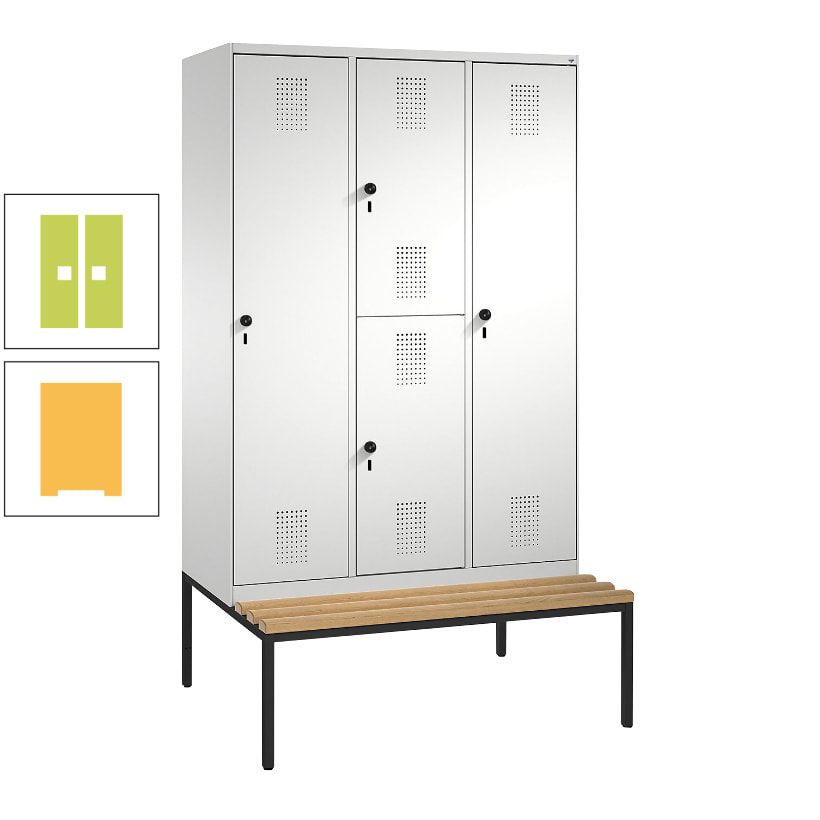 Garderobenschrank, Spind ein- und doppelstöckig Sitzbank, 3 Abteile, 4 Fächer, 2.090x1.200x500 mm (HxBxT), Front anthrazitgrau, Korpus anthrazitgrau