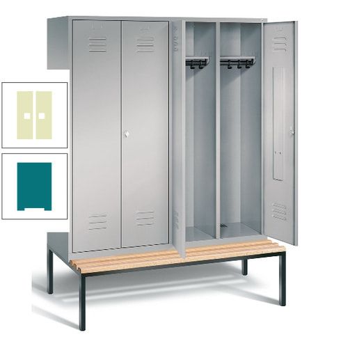 Doppel-Spindschrank, Buche Sitzbank untergebaut, 4 Abteile a 400 mm, Korpus lichtgrau, Tür anthrazitgrau, 2.090 x 1.590 x 815 mm (HxBxT)