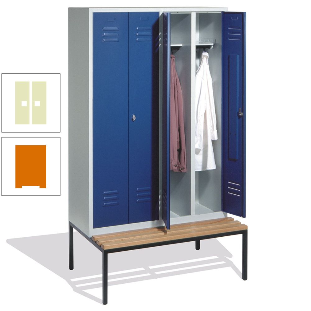 Doppel-Spindschrank, Buche Sitzbank untergebaut, 4 Abteile a 300 mm, Korpus lichtgrau, Tür anthrazitgrau, 2.090 x 1.190 x 815 mm (HxBxT)
