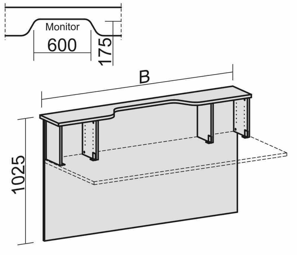 Anbau Thekenelement, Anbaumodul, Monitorausschnitt, Fachseiten, 25 mm Dreischicht-Feinspan, 1.025 x 1.800 x 300 mm (HxBxT), Dekor Ahorn
