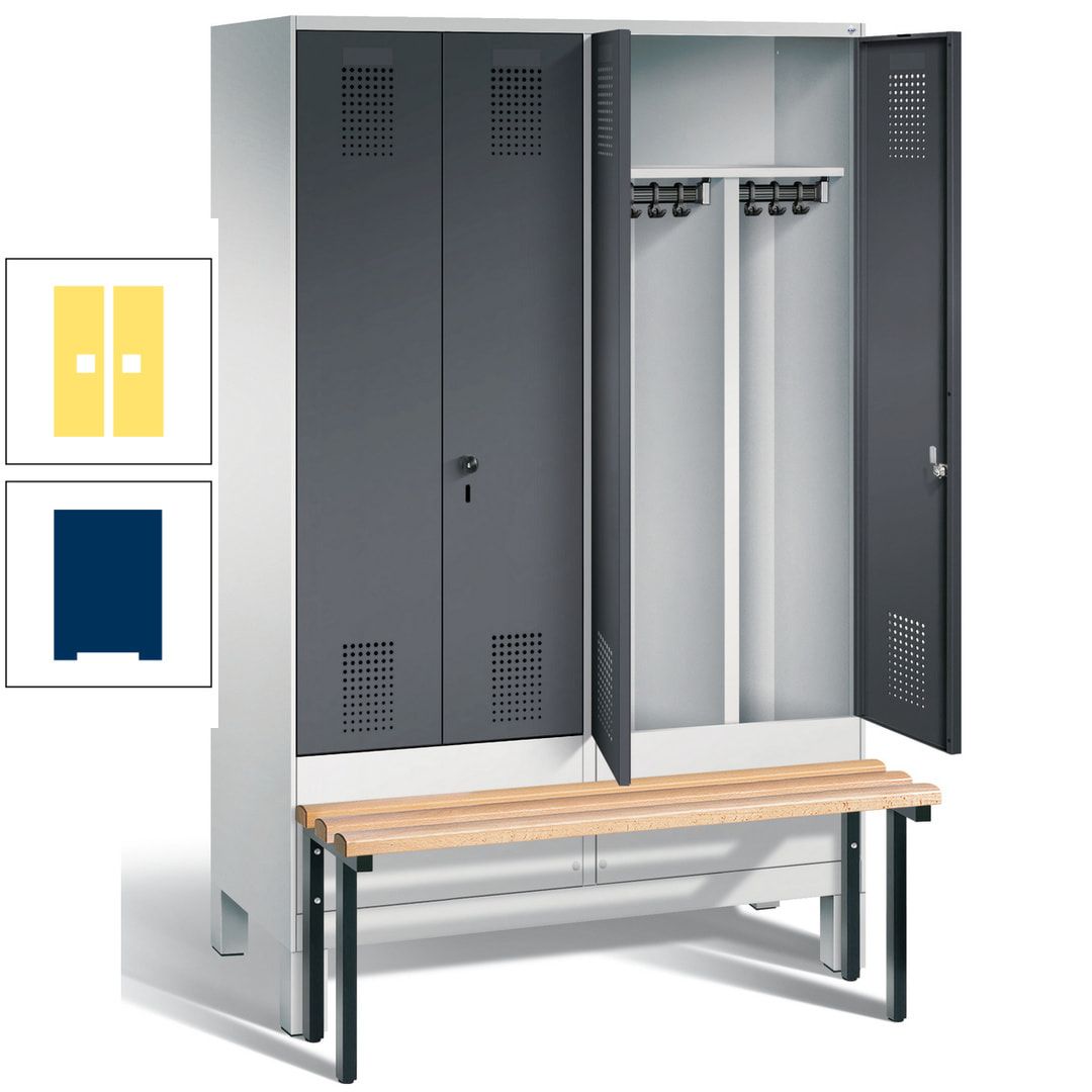 Doppel-Spind, Garderobenschrank, Buche Sitzbank vorgebaut, 4 Abteile a 300 mm, Korpus feuerrot, Tür Wasserblau, 1.850 x 1.200 x 815 mm (HxBxT)