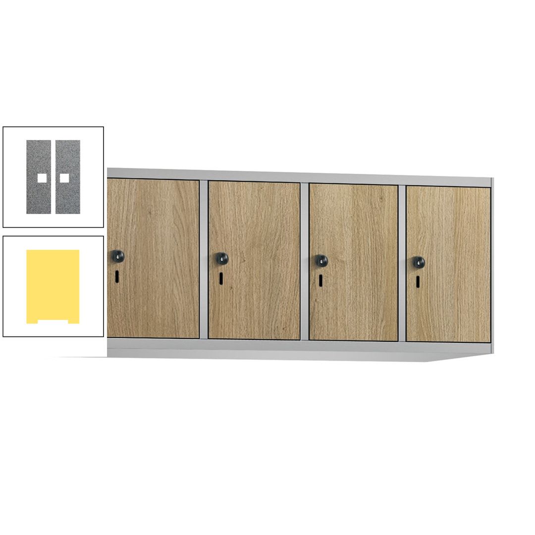 Aufsatzschrank, Schrankaufsatz, 4 Fächer a 300 mm, Farbe Pastellgelb, Tür anthrazitgrau, 500 x 1.200 x 500 mm (HxBxT)