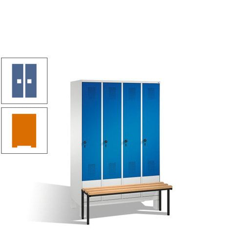 Stahl-Garderobenschrank, Spind, Buche Sitzbank vorgebaut, 4 Abteile a 300 mm, Korpus Lichtgrün, Tür Schwefelgelb, 1.850 x 1.200 x 815 mm (HxBxT)
