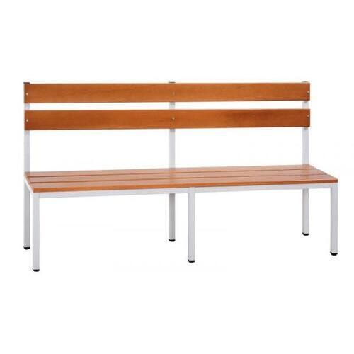 Umkleidebank, Umkleide-Sitzbank, mit Rückenlehne, 400 x 1.500 x 400 mm (HxBxT), Stahl mit Holzleisten, Gestell: lichtgrau, Sitzleisten: Buche