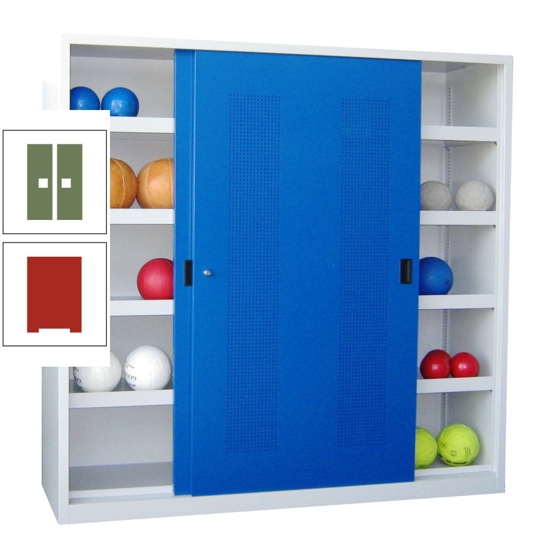 Ballschrank - Schiebetüren mit Lochfeld - Trennwand - 8 Böden - 1.950x2.000x600 mm (HxBxT) - anthrazitgrau