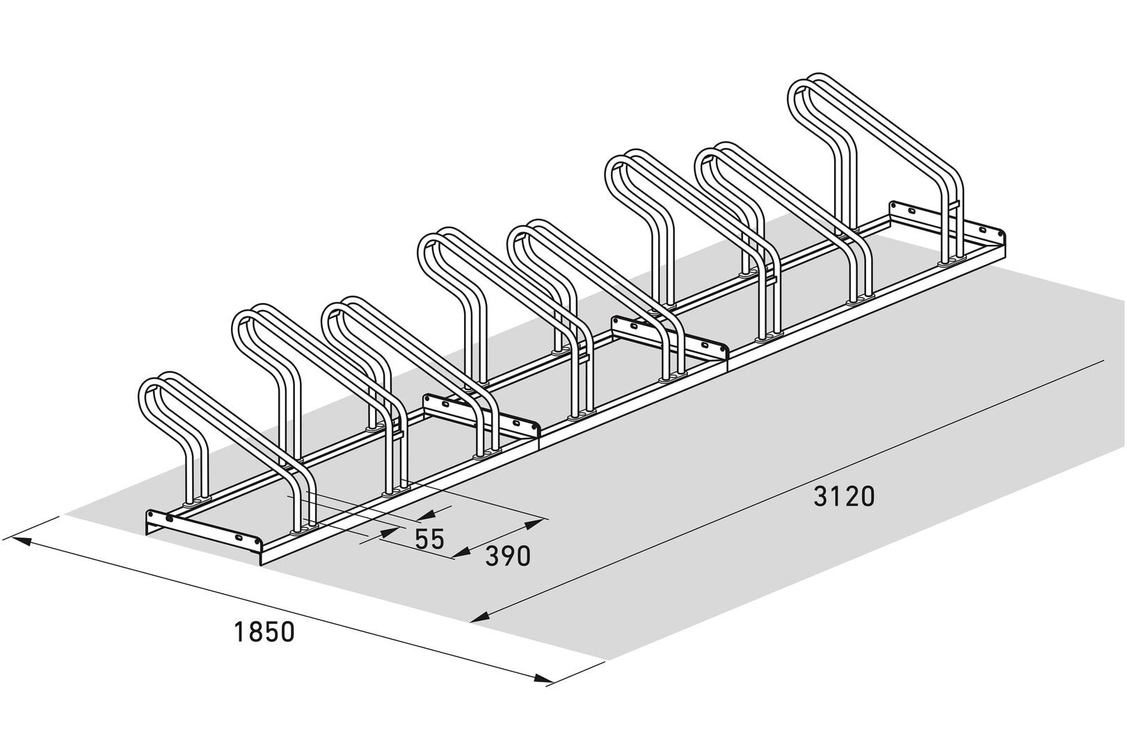 Fahrrad-Bügelparker, Rundrohr, Silber, 8 Stellplätze, für extra breite Fahrräder, höhenversetzt, Reihenverbindung, 415 x 3.120 x 538 mm (HxBxT)