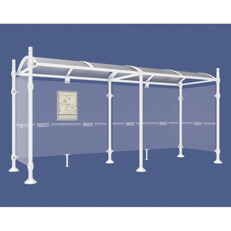 Buswartehalle, Unterstand, 2 Seitenwände, Kopf gebürsteter Edelstahl, ESG, Fahrplanschaukasten, 2.500 x 2.500 x 1.600 mm (HxBxT), Farbe enzianblau