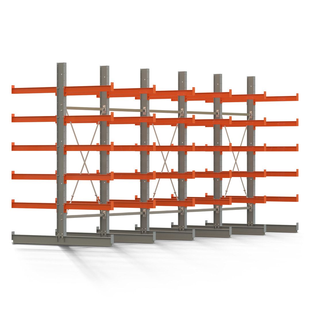 Doppelseitiges Kragarmregal, 2 Felder, 2.500 x 2.000 x 1.120 mm (HxBxT), Nutztiefe 500 mm, Kragarmlast 870 kg, KARL basic, silbergrau/reinorange