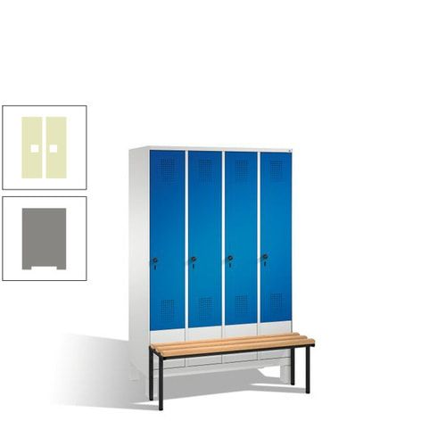 Stahl-Garderobenschrank, Spind, Buche Sitzbank vorgebaut, 4 Abteile a 300 mm, Korpus Lichtgrün, Tür Schwefelgelb, 1.850 x 1.200 x 815 mm (HxBxT)
