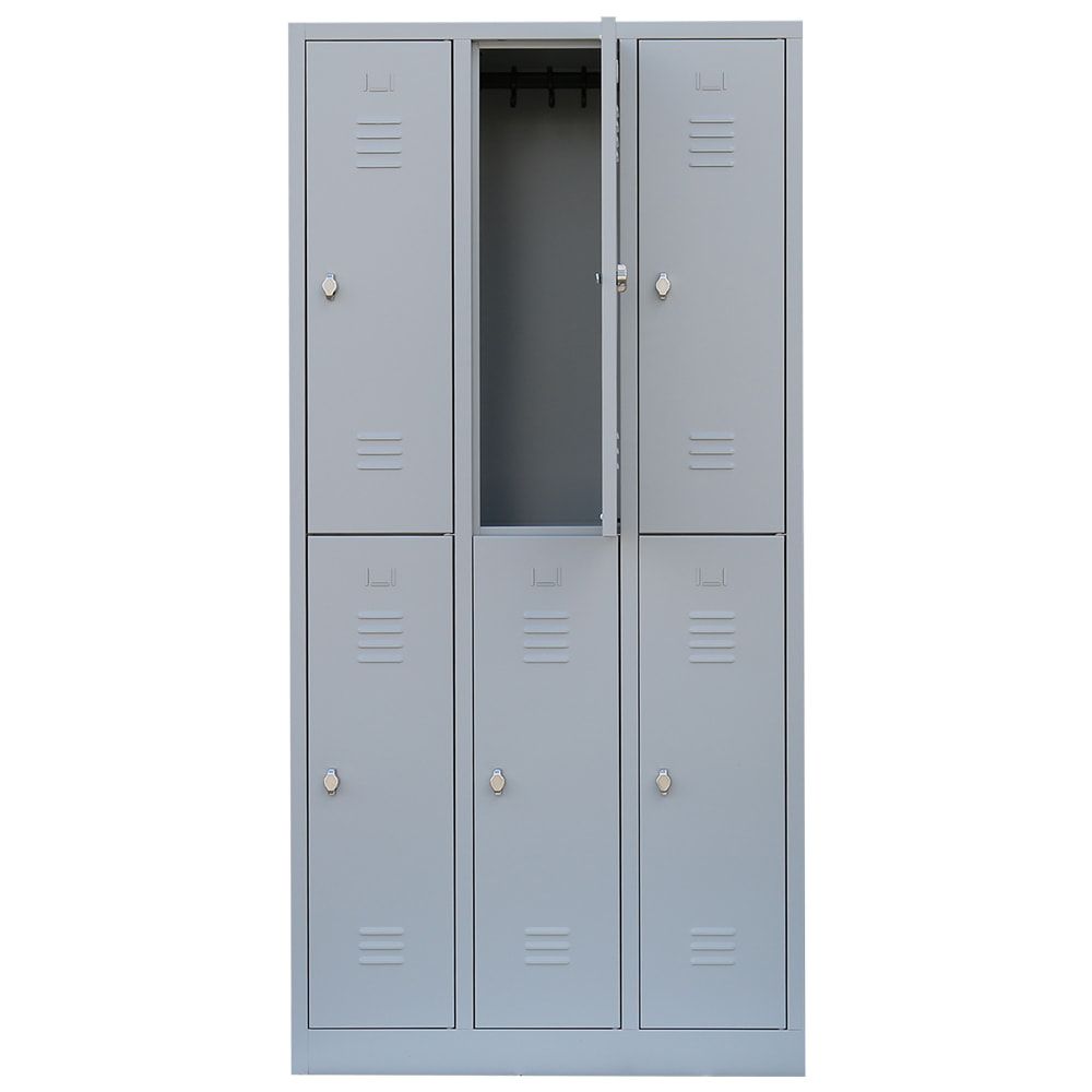 Garderobenschrank, Doppelstockspind, 3 Abteile, 6 Fächer, 1.800 x 885 x 500 mm (HxBxT), Stahl, Drehriegel, Korpus: lichtgrau, Front: anthrazitgrau