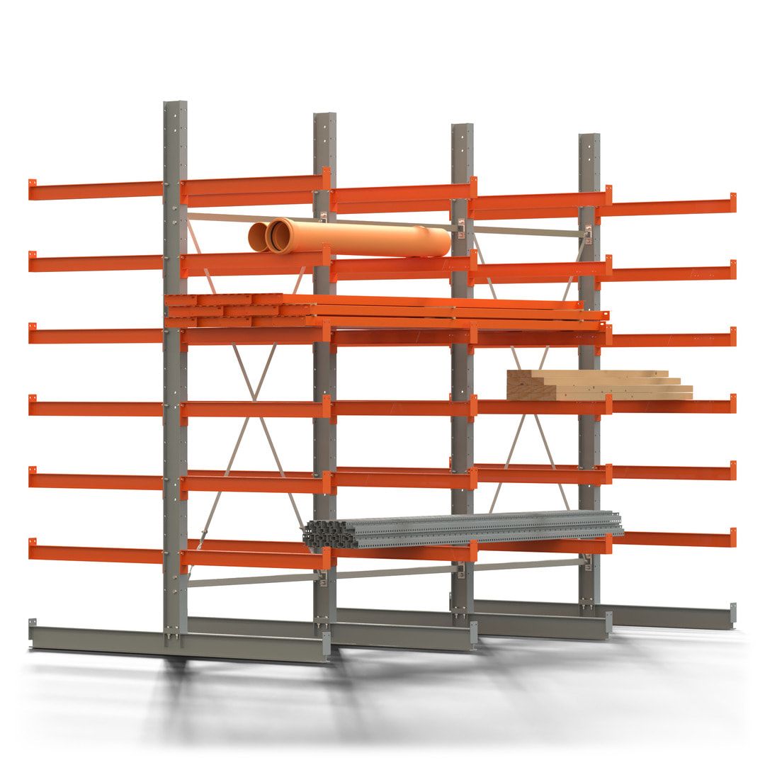 Doppelseitiges Kragarmregal, 2 Felder, 3.000 x 2.560 x 1.120 mm (HxBxT), Nutztiefe 500 mm, Kragarmlast 870 kg, KARL basic, silbergrau/reinorange