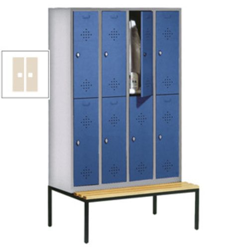 Garderobenschrank, Spind, 4 Abteile 8 Fächer, 2.090 x 1.190 x 815 mm (HxBxT), Hartholz Sitzbank untergebaut, Korpus anthrazitgrau, Türen anthrazitgrau