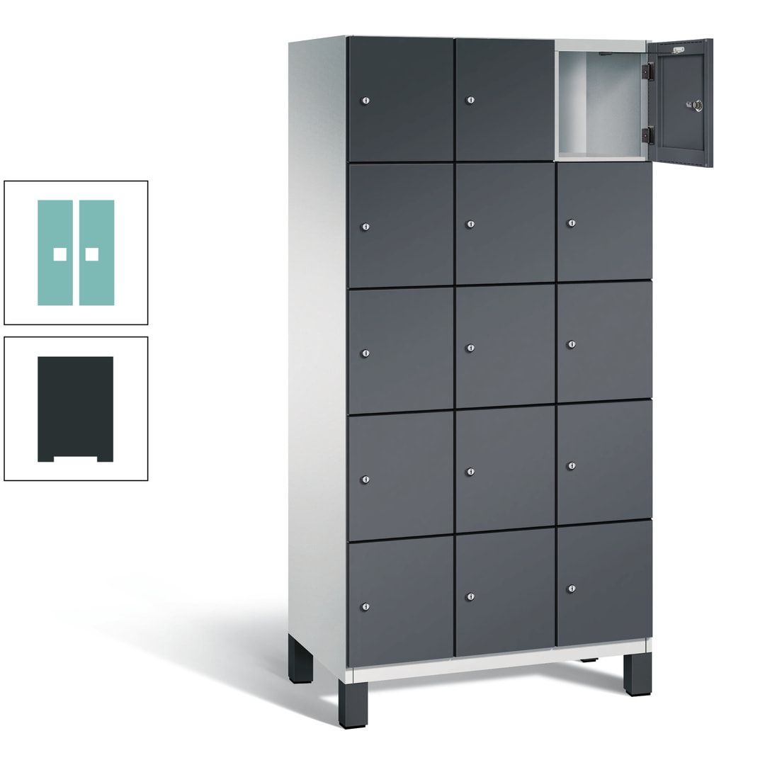 Fächerschrank, Stahlschrank, 15 Fächer, Türöffnungsbegrenzer, Füße, 1.980 x 900 x 525 mm (HxBxT), Korpus anthrazitgrau, Front anthrazitgrau