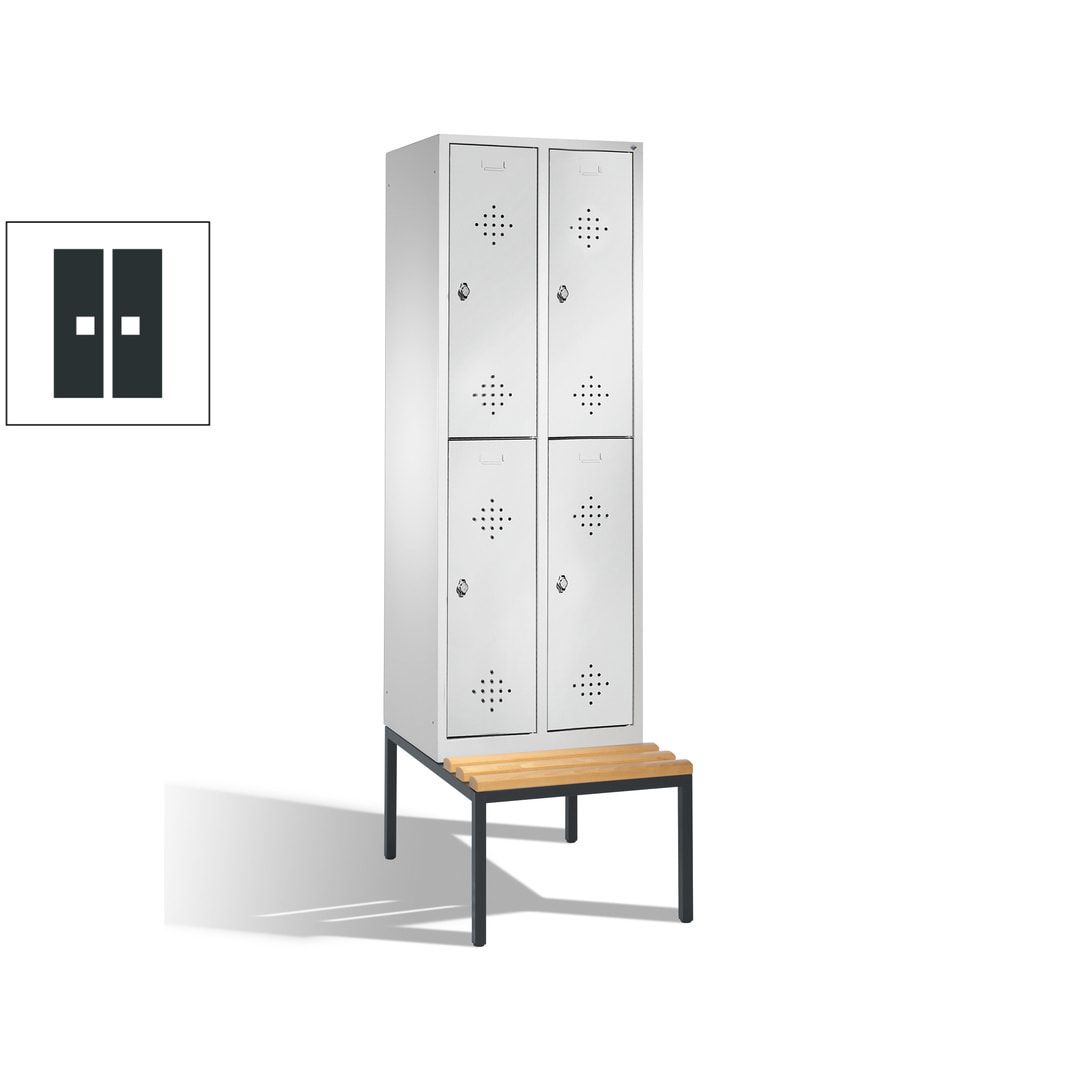 Garderobenschrank, Spind, 2 Abteile, 4 Fächer, 2.090 x 610 x 815 mm (HxBxT), Hartholz Sitzbank untergebaut, Korpus weißaluminium, Türen anthrazitgrau