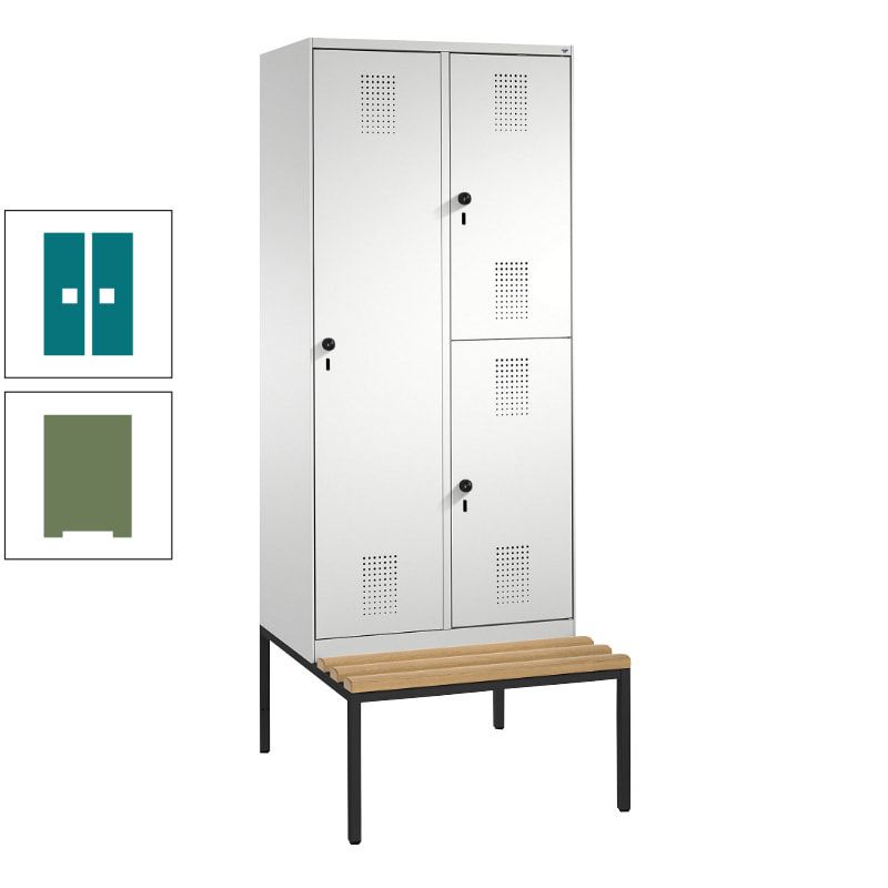 Garderobenschrank, Spind ein- und doppelstöckig Sitzbank, 2 Abteile, 3 Fächer, 2.090 x 800 x 500 mm (HxBxT), Front anthrazitgrau, Korpus anthrazitgrau