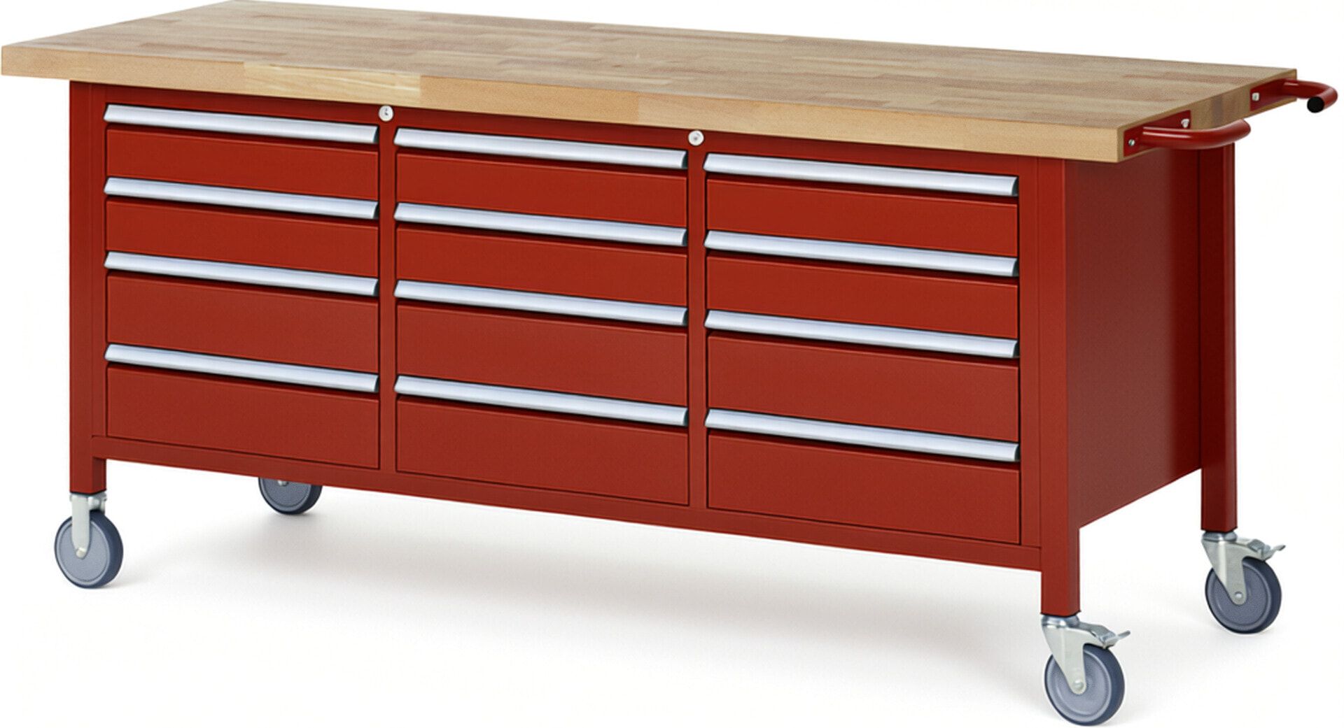 Mobile Werkbank, 12 Schubladen - Teilauszug - 120:6 / 150:6 - Höhe 880-1.080 mm - 2.000 x 700 mm - 450 kg - Buche - Anthrazitgrau