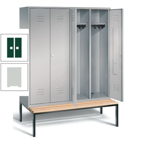 Doppel-Spindschrank, Buche Sitzbank untergebaut, 4 Abteile a 400 mm, Korpus lichtgrau, Tür anthrazitgrau, 2.090 x 1.590 x 815 mm (HxBxT)
